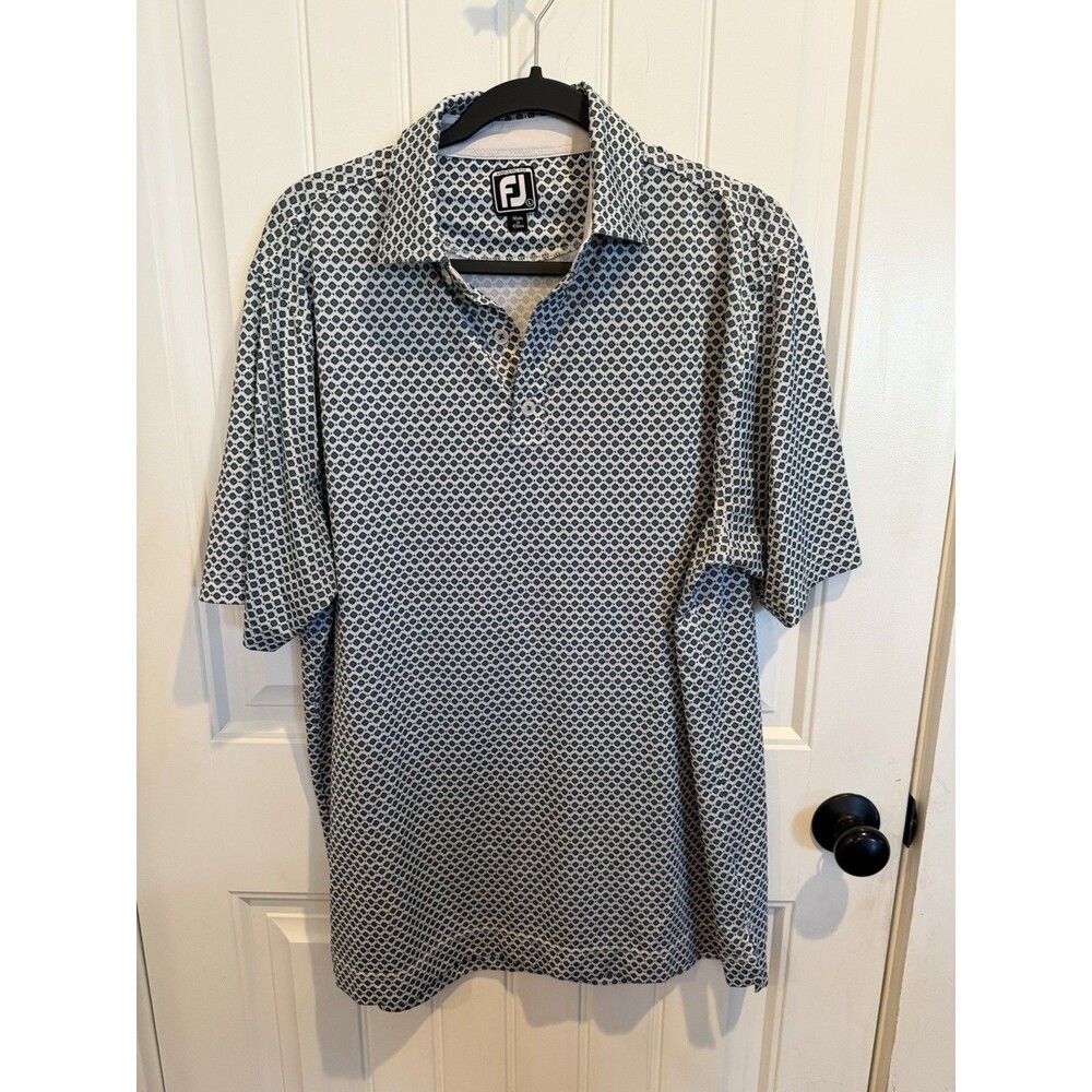 FootJoy FJ Mens Large Athletic Fit Golf Polo White Blue Green Geometric Print